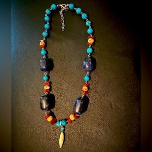 Indigenous Vintage Estate Carved Stones Lapis Lazuli Coral Necklace 18” Silver